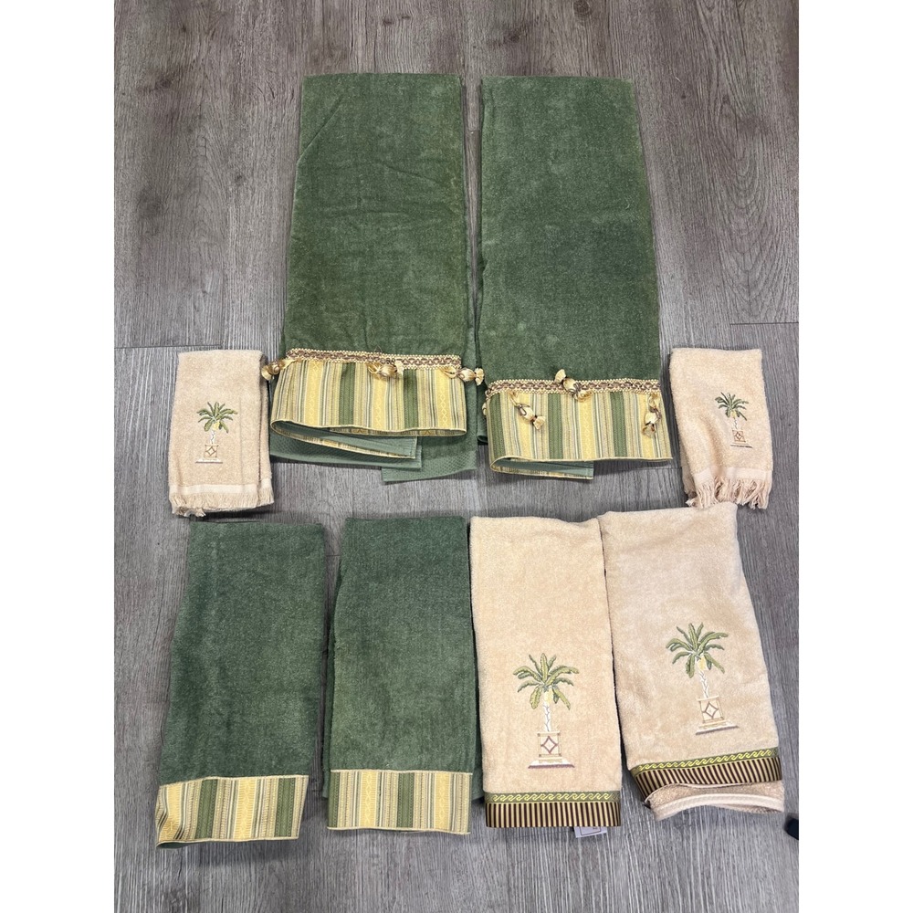 Avanti Vintage 80s Palm Tree Towel Set Sage Green Sand Tassel Fringe 8 Piece